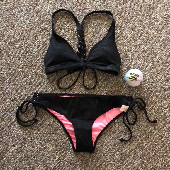 VS PINK black ribbed lace up bikini NWT - Picture 3 of 11